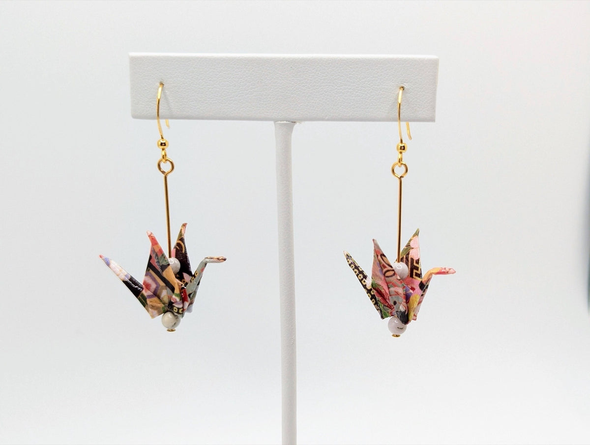 Multicolor, White Agate Origami Crane Earrings